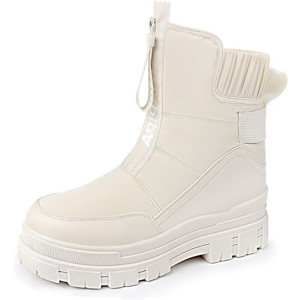 Women's White Waterproof Snow Boots Mid Calf Low Heel Anti-Slip Warm Booties